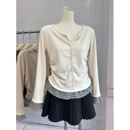 FA41769# 韩系早秋时尚拼接格子长袖女秋季新款设计感上衣打底T恤 服裝批發女裝批發服飾貨源