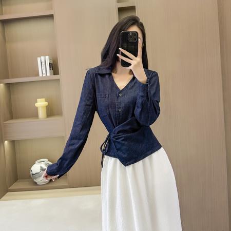 FA41772# 复古长袖牛仔衬衫女绑带扭结系带不规则设计港风衬衣上衣 服裝批發女裝批發服飾貨源