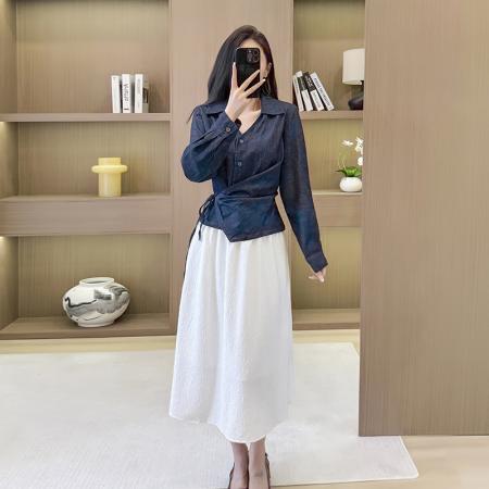 FA41772# 复古长袖牛仔衬衫女绑带扭结系带不规则设计港风衬衣上衣 服裝批發女裝批發服飾貨源