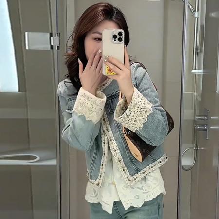 FA41774# 欧洲站秋季新款时尚蕾丝拼接重工钉珠牛仔外套女短款百搭复古 服裝批發女裝批發服飾貨源