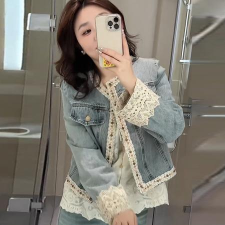 FA41774# 欧洲站秋季新款时尚蕾丝拼接重工钉珠牛仔外套女短款百搭复古 服裝批發女裝批發服飾貨源