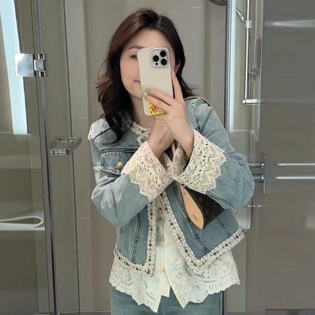 FA41774# 欧洲站秋季新款时尚蕾丝拼接重工钉珠牛仔外套女短款百搭复古 服裝批發女裝批發服飾貨源