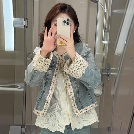 FA41774# 欧洲站秋季新款时尚蕾丝拼接重工钉珠牛仔外套女短款百搭复古 服裝批發女裝批發服飾貨源
