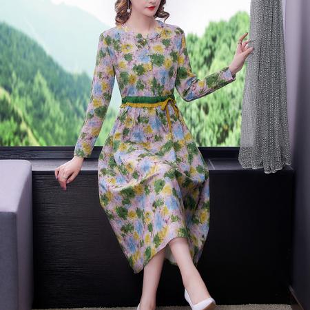 FA41781# 文艺复古长袖木耳边棉麻连衣裙女春秋新款亚麻修身长裙 服裝批發女裝批發服飾貨源