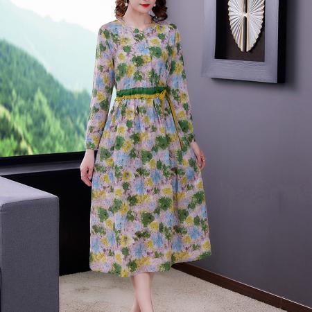 FA41781# 文艺复古长袖木耳边棉麻连衣裙女春秋新款亚麻修身长裙 服裝批發女裝批發服飾貨源