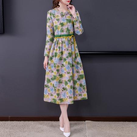 FA41781# 文艺复古长袖木耳边棉麻连衣裙女春秋新款亚麻修身长裙 服裝批發女裝批發服飾貨源