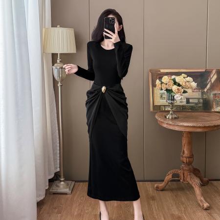 FA41783# 秋季大码名媛高级感轻奢女神设计感气质显瘦拼接连衣裙 服裝批發女裝批發服飾貨源