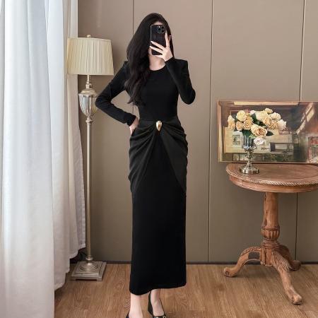 FA41783# 秋季大码名媛高级感轻奢女神设计感气质显瘦拼接连衣裙 服裝批發女裝批發服飾貨源