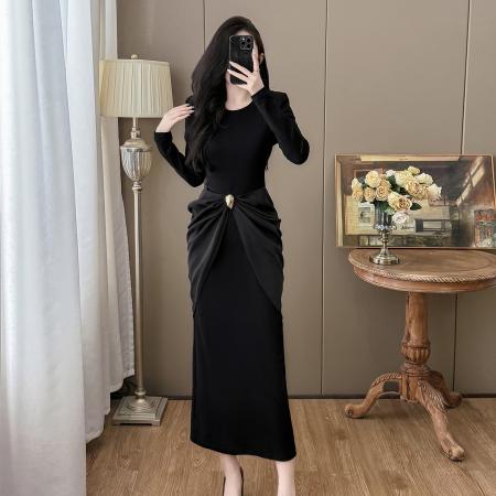 FA41783# 秋季大码名媛高级感轻奢女神设计感气质显瘦拼接连衣裙 服裝批發女裝批發服飾貨源