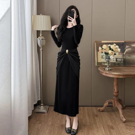 FA41783# 秋季大码名媛高级感轻奢女神设计感气质显瘦拼接连衣裙 服裝批發女裝批發服飾貨源