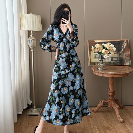 FA41784# 秋季大码碎花V领法式印花气质长款系带高腰连衣裙 服裝批發女裝批發服飾貨源