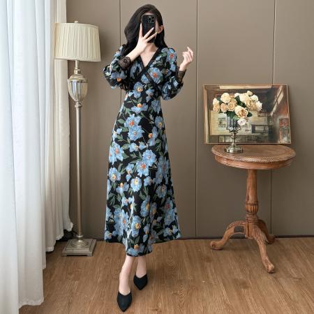 FA41784# 秋季大码碎花V领法式印花气质长款系带高腰连衣裙 服裝批發女裝批發服飾貨源