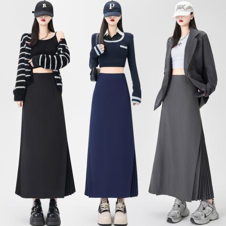 FA41791# 百褶拼接西装半身裙女秋季高腰显瘦a字压褶直筒中长款包臀裙 服裝批發女裝批發服飾貨源