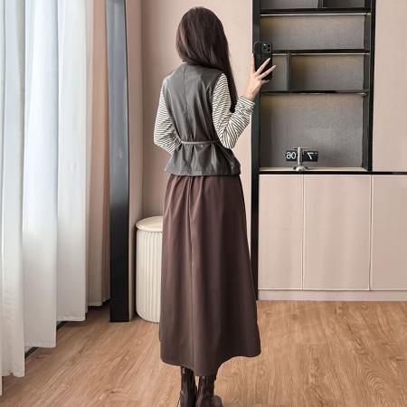 FA41794# 条纹T恤pu皮马甲连衣裙两件套女春秋新款爆款高级感两件套 服裝批發女裝批發服飾貨源