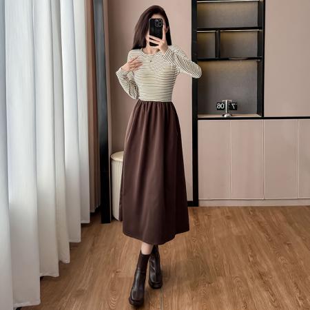 FA41794# 条纹T恤pu皮马甲连衣裙两件套女春秋新款爆款高级感两件套 服裝批發女裝批發服飾貨源