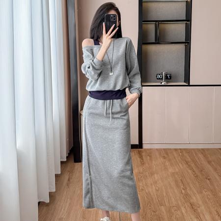 FA41795# 秋季新款大码女装斜领露肩拼色卫衣开叉半身裙两件套女 服裝批發女裝批發服飾貨源