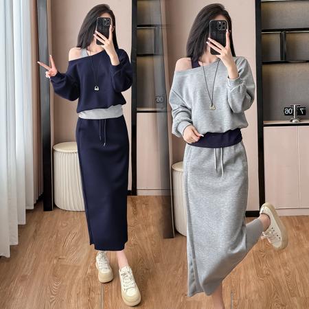 FA41795# 秋季新款大码女装斜领露肩拼色卫衣开叉半身裙两件套女 服裝批發女裝批發服飾貨源