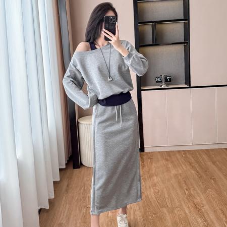 FA41795# 秋季新款大码女装斜领露肩拼色卫衣开叉半身裙两件套女 服裝批發女裝批發服飾貨源