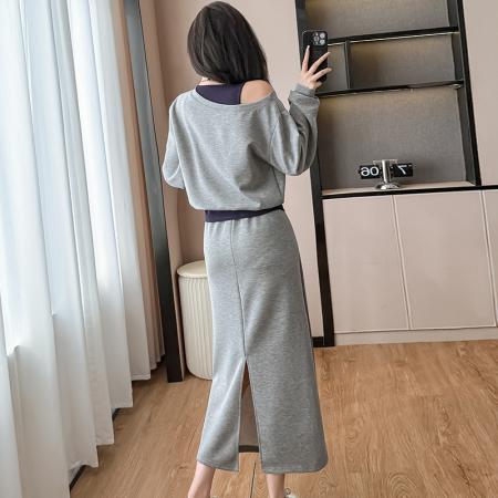 FA41795# 秋季新款大码女装斜领露肩拼色卫衣开叉半身裙两件套女 服裝批發女裝批發服飾貨源