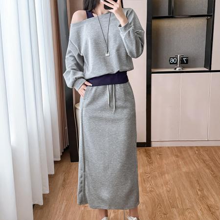 FA41795# 秋季新款大码女装斜领露肩拼色卫衣开叉半身裙两件套女 服裝批發女裝批發服飾貨源