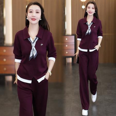 FA41796# 休闲时尚套装秋季新款显瘦减龄撞色丝带上衣阔腿裤两件套 服裝批發女裝批發服飾貨源