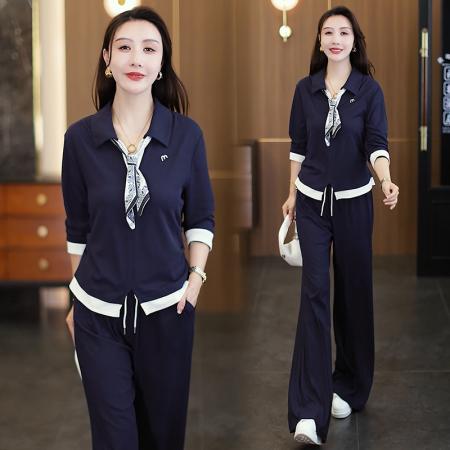 FA41796# 休闲时尚套装秋季新款显瘦减龄撞色丝带上衣阔腿裤两件套 服裝批發女裝批發服飾貨源