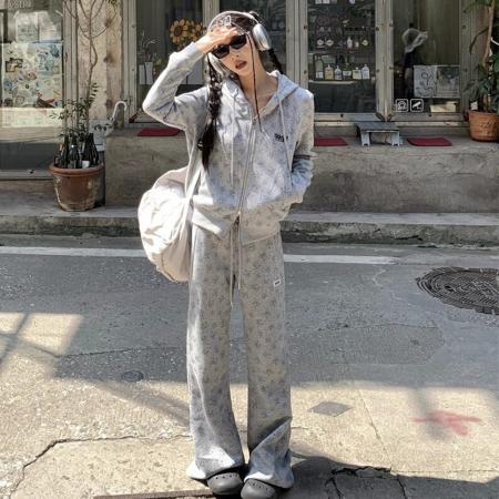 FA41806# 【曼巴棉】复古小碎花连帽卫衣短款上衣长裤套装 服裝批發女裝批發服飾貨源