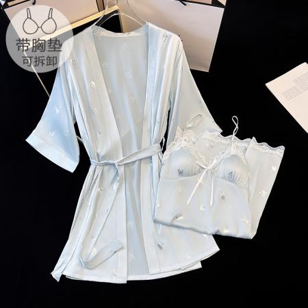 FA41822# 冰丝性感睡衣女士春夏吊带带胸垫中长睡裙开衫睡袍两件套高级气质 服裝批發女裝批發服飾貨源