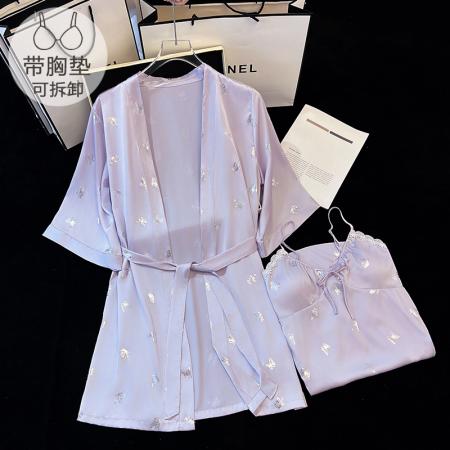 FA41823# 冰丝性感睡衣女士春夏吊带带胸垫中长睡裙开衫睡袍两件套高级气质 服裝批發女裝批發服飾貨源