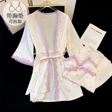 FA41824# 冰丝性感睡衣女士春夏吊带带胸垫中长睡裙开衫睡袍两件套高级气质 服裝批發女裝批發服飾貨源