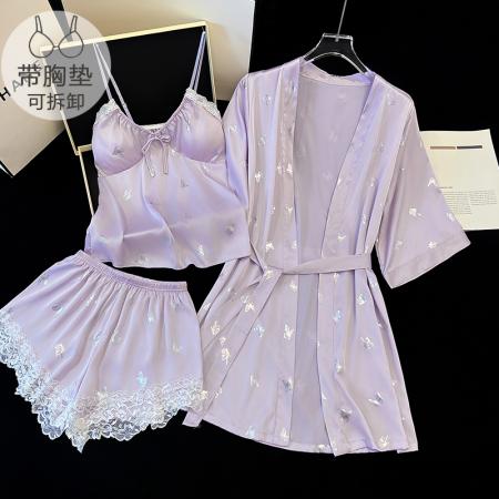 FA41826# 冰丝性感睡衣女士春夏吊带带胸垫短裤开衫睡袍三件套蕾丝高级气质 服裝批發女裝批發服飾貨源