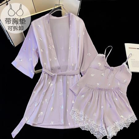 FA41826# 冰丝性感睡衣女士春夏吊带带胸垫短裤开衫睡袍三件套蕾丝高级气质 服裝批發女裝批發服飾貨源