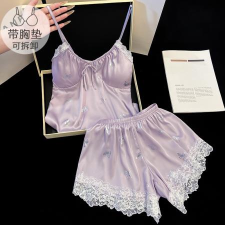 FA41826# 冰丝性感睡衣女士春夏吊带带胸垫短裤开衫睡袍三件套蕾丝高级气质 服裝批發女裝批發服飾貨源