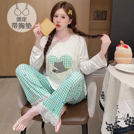 FA41828# 莫代尔睡衣女春秋季休闲公主风带胸垫长袖长裤加大码220斤家居服 服裝批發女裝批發服飾貨源