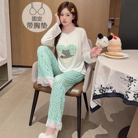 FA41828# 莫代尔睡衣女春秋季休闲公主风带胸垫长袖长裤加大码220斤家居服 服裝批發女裝批發服飾貨源