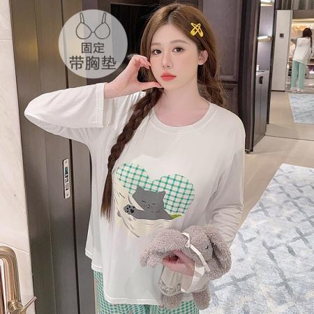 FA41828# 莫代尔睡衣女春秋季休闲公主风带胸垫长袖长裤加大码220斤家居服 服裝批發女裝批發服飾貨源