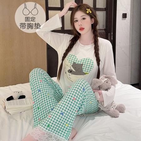 FA41828# 莫代尔睡衣女春秋季休闲公主风带胸垫长袖长裤加大码220斤家居服 服裝批發女裝批發服飾貨源