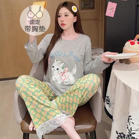 FA41829# 莫代尔睡衣女春秋季休闲公主风带胸垫长袖长裤加大码220斤家居服 服裝批發女裝批發服飾貨源