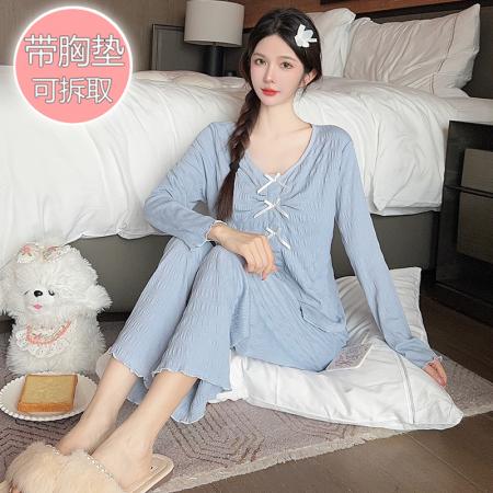 FA41833# 仿棉提花睡衣少女春秋季甜美风带胸垫长袖长裤两件套家居服可外穿 服裝批發女裝批發服飾貨源