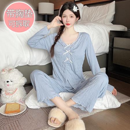 FA41833# 仿棉提花睡衣少女春秋季甜美风带胸垫长袖长裤两件套家居服可外穿 服裝批發女裝批發服飾貨源
