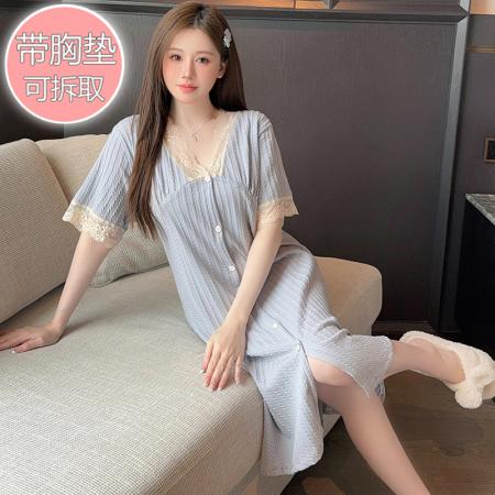 FA41834# 提花睡衣女夏季甜美风带胸垫短袖中长睡裙大码220斤胖M家居服 服裝批發女裝批發服飾貨源