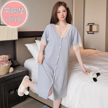 FA41834# 提花睡衣女夏季甜美风带胸垫短袖中长睡裙大码220斤胖M家居服 服裝批發女裝批發服飾貨源