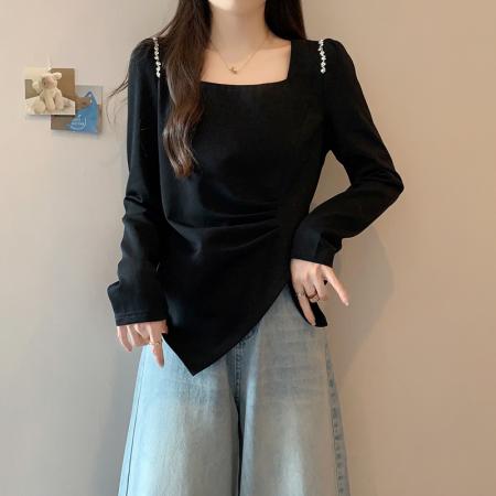 FA41915# 秋装新款胖mm大码女设计感方领镶钻不规则长袖上衣 服裝批發女裝批發服飾貨源