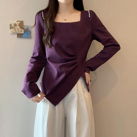 FA41915# 秋装新款胖mm大码女设计感方领镶钻不规则长袖上衣 服裝批發女裝批發服飾貨源