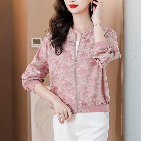 FA41939# 洋气减龄真丝短款外套女春秋新款时尚休闲夹克女士棒球服上衣 服裝批發女裝批發服飾貨源