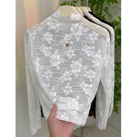 FA41961# 半高领蕾丝网纱长袖t恤女秋季新款时尚钩花花边领百搭打底衫 服裝批發女裝批發服飾貨源