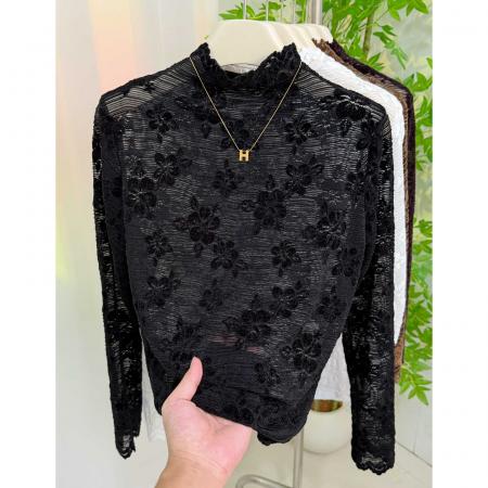 FA41961# 半高领蕾丝网纱长袖t恤女秋季新款时尚钩花花边领百搭打底衫 服裝批發女裝批發服飾貨源