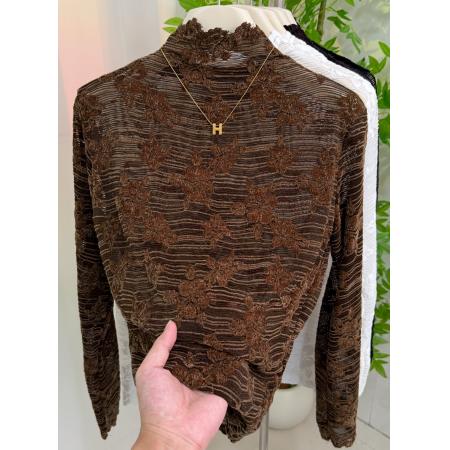 FA41961# 半高领蕾丝网纱长袖t恤女秋季新款时尚钩花花边领百搭打底衫 服裝批發女裝批發服飾貨源