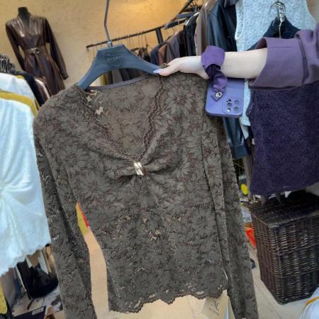 FA41962# 秋冬季新款韩版时尚V领蕾丝打底衫上衣女长袖小衫T恤气质内搭 服裝批發女裝批發服飾貨源