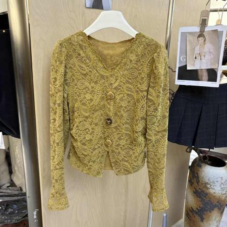 FA41963# 秋季新款韩版时尚V领长袖蕾丝衬衫女修身显瘦百搭上衣小衫潮 服裝批發女裝批發服飾貨源